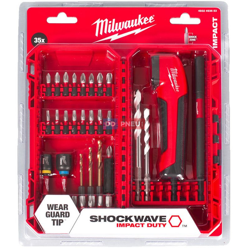 Sada bitů, nástrčných klíčů, vrtáků a úhlový nástavec MILWAUKEE SHOCKWAVE – 35 ks