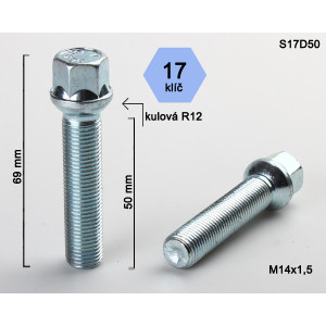 Šroub M14x1,5x50 koule – klíč 17 Šroub M14x1,5x50 koule – klíč 17
