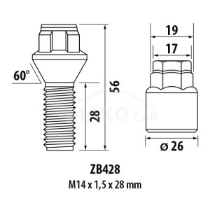 Pojistné šrouby ZB428 M14x1,5x28mm kužel – klíč 17/19 Pojistné šrouby ZB428 M14x1,5x28mm kužel – klíč 17/19